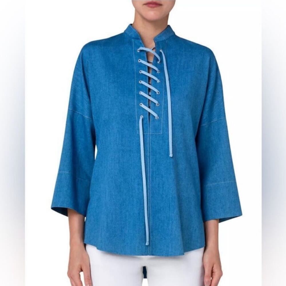 Akris Punto Lace-Up Denim Collared Blouse Size 8